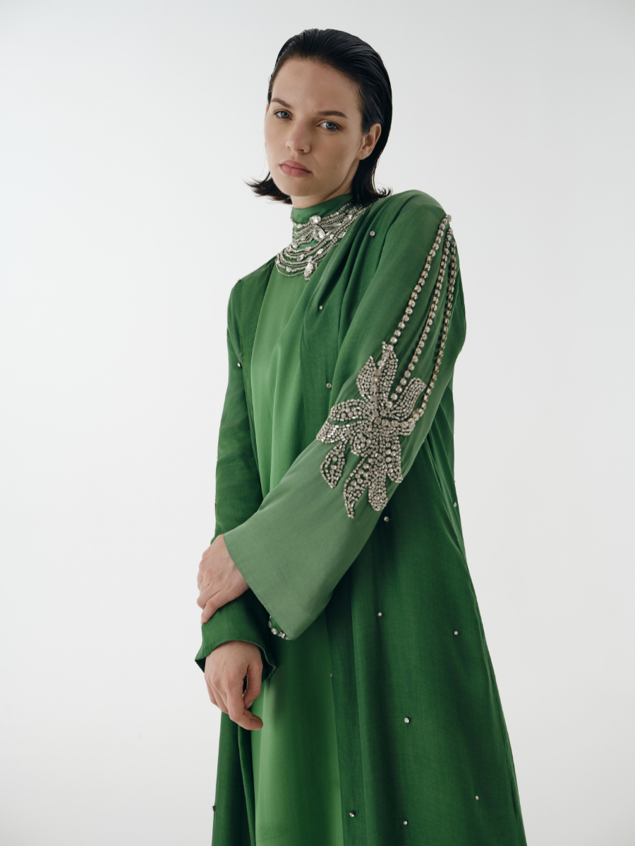 beaded abaya dress Elegant Grey Beaded Abaya Dress ABAYATMUNA