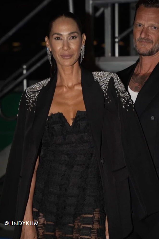 Lindy Klim wearing the Sitara Beaded blazer, black blazer handed beaded shoulders
